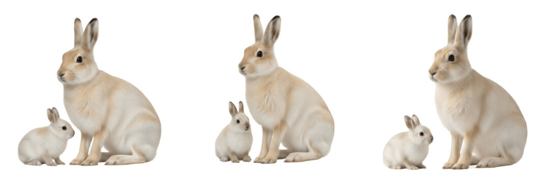 Realistic Brown Rabbit and Baby Bunny PNG, Isolated Hare with Kit on Transparent Background, Wildlife Nature Animal Illustration Clipart.