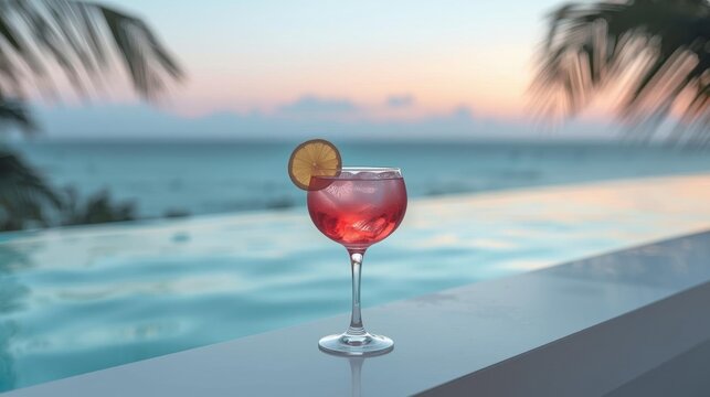 A vibrant pink cocktail garnished with a lemon slice sits on a ledge overlooking a serene infinity pool and calm ocean at sunset.