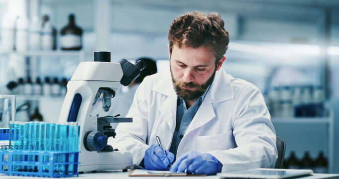 Man, scientist and writing with clipboard at lab for notes, medical research and review with report for virus cure. Person, admin and checklist with solution, feedback or pharma study for vaccine