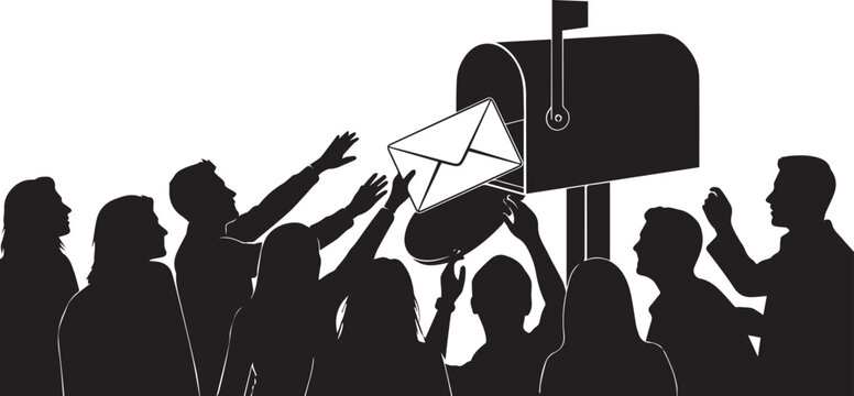 Crowd reaching for envelope in mailbox silhouette vector illustration