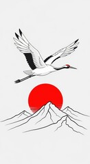 Fototapeta premium Stylized illustration depicts a large wading bird soaring above outlined mountain peaks with a prominent red sun disc overhead