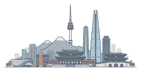 Obraz premium Detailed Seoul skyline vector illustration showcasing famous city landmarks, traditional palaces, modern skyscrapers, and mountain backdrops for travel and architectural designs.