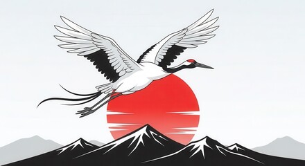 Fototapeta premium Stylized depiction of a large wading bird soaring over snow-capped peaks before a setting sun.