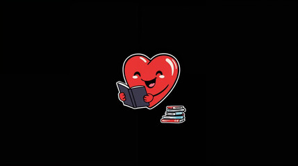 illustration a cartoon heart character reading book on black background © Pemuda