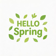 Fototapeta premium Illustration featuring 'HELLO Spring' text with green leaves surrounding, conveying seasonal freshness and nature. Ideal for spring-themed designs, promoting eco-friendly and floral concepts.