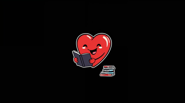illustration a cartoon heart character reading book on black background