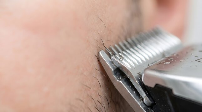 Extreme macro of an electric trimmer cutting facial hair stubble for professional male grooming