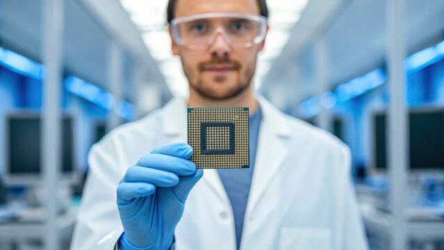 Scientist microchip technology laboratory research synthetic biology application innovation experiment scientist holding microchip laboratory