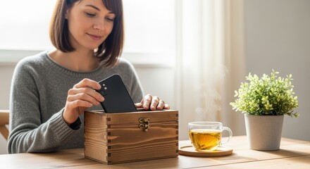 Woman places communication device inside a small wooden container for a period of digital disconnection