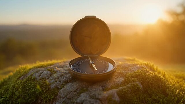 An open antique brass compass rests on a mossy rock, bathed in golden hour morning light