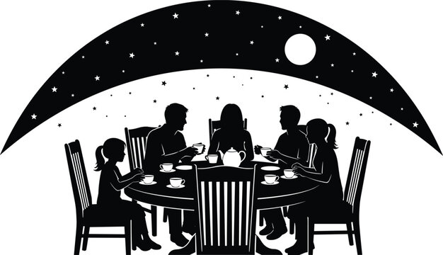 family dinner silhouette under starry night sky, parents and children sitting at table sharing meal, cad drawing flat vector illustration