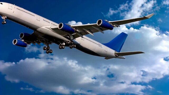 Commercial airplane in flight approaches landing, showcasing detailed wings, engines, and fuselage against a bright blue sky with scattered clouds