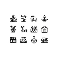 Fototapeta premium Agriculture icons set with tractor, farm, and plant illustrations