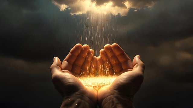 Receiving Mercy: Hands Catching Luminous Golden Rain from a Cloud