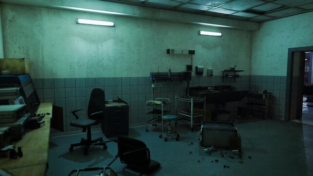 Derelict treatment room with overturned chairs and loose wiring, green tint from aging lights, scattered medical carts and empty drawers, mood of afterhours