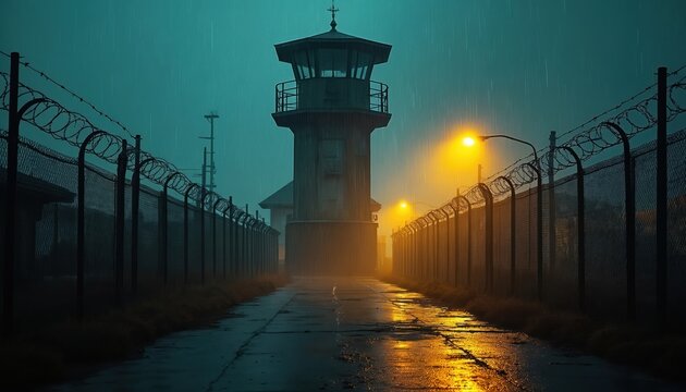 Gloomy prison yard at night during rain. Barbed wire fence and watchtower create atmosphere of confinement and danger. Moody lighting casts eerie reflections on wet ground.