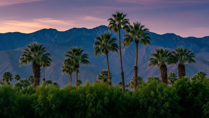 Fototapeta premium Palm trees against purple sunset sky and blue mountains. Lush green foliage in foreground.