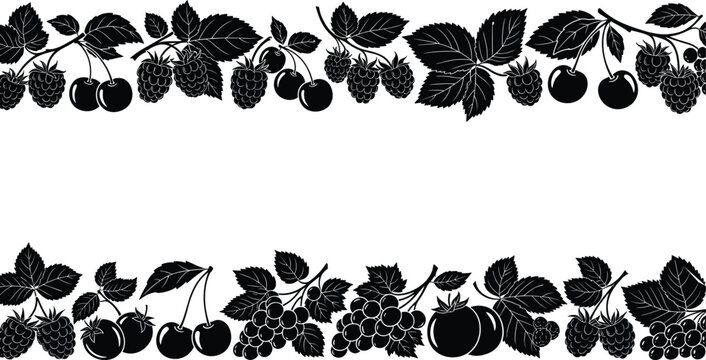 Fresh organic berries and fruits horizontal border set with cherries grapes and raspberries isolated cad drawing flat vector illustration for design