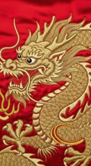 Fototapeta premium Intricate golden serpentine creature embroidery adorns a richly textured crimson fabric background.