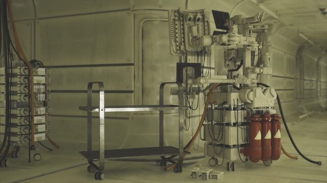 Backup reactor interface with red cylinders and exposed wiring, diagnostic meters, maintenance footprints on floor, quiet industrial tension and mechanical
