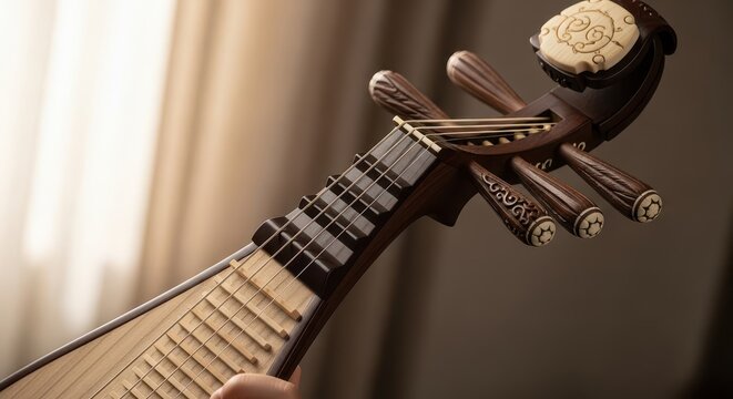 Ornate, dark wood stringed instrument neck and tuning pegs display detailed craftsmanship