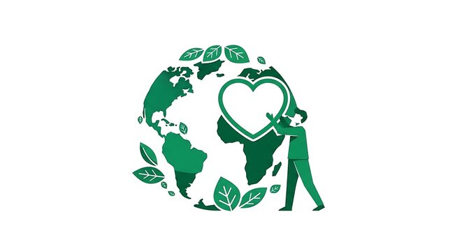Illustration of a person holding a heart-shaped outline around a segment of the Earth, adorned with green leaves, symbolizing environmental care and conservation efforts