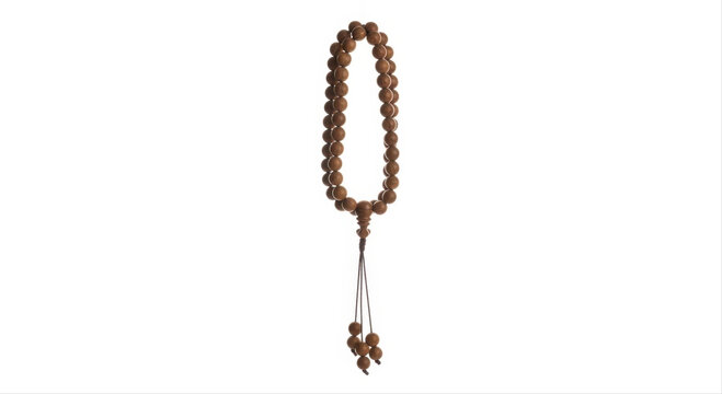 Wooden mala beads elegantly isolated on a pristine white background, showcasing natural craftsmanship and serene simplicity
