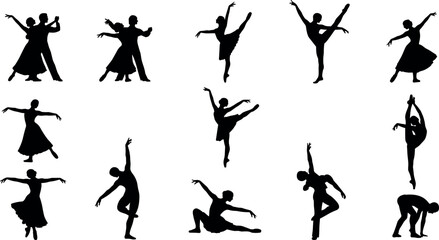 Dance and ballet silhouettes set featuring graceful performers in various poses classical choreography movement vector illustration collection isolated on white background for artistic design