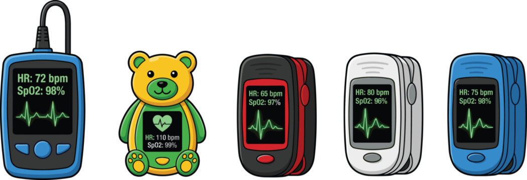 Pulse oximeter device collection, heart rate oxygen monitor icons, medical wearable technology, SpO2 measurement tools, healthcare vector illustration set