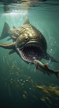 Giant prehistoric armored fish lunges toward smaller swimming creature underwater