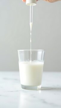A glass of milk on a table with a dropper adding a chemical causing color change, highlighting adulteration detection, clean background, simple composition, food safety concept