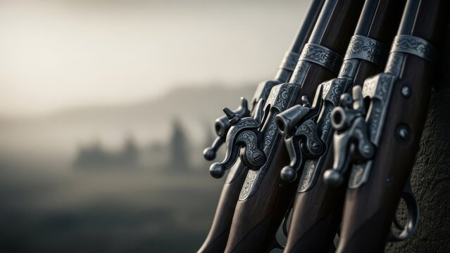 Antique rifles displayed outdoors with a misty landscape