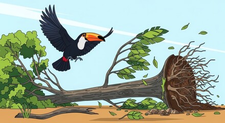 Fototapeta premium Tropical bird flies above large tree uprooted by powerful wind