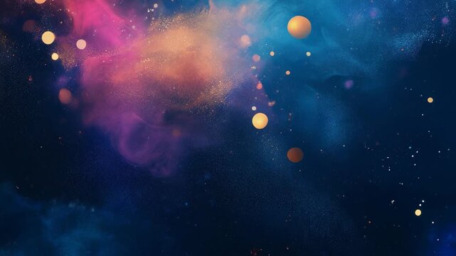 A cosmic nebula with vibrant hues of pink, orange, and blue, speckled with golden orbs