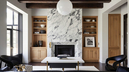 Naklejka premium Elegant modern living room interior showcasing a beautiful white marble fireplace, dark sofas, and contemporary architectural design for luxury home concepts.