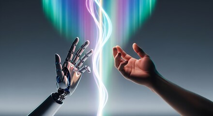 Fototapeta premium Close-up of a robotic hand and a human hand reaching towards each other with glowing light energy between them.
