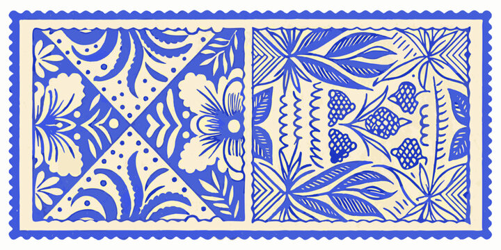 Intricate blue and white wycinanki folk art design with floral motifs