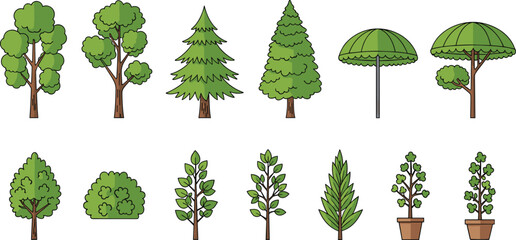 Comprehensive Vector Collection of Individual Deciduous and Coniferous Trees Featuring Pine Spruce Oak Maple and Potted Plants for Nature and Landscape Design © Fahim
