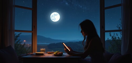 Fototapeta premium Woman sits at a table with food by window looking at phone screen. Bright full moon and stars in night sky illuminate peaceful landscape outside.