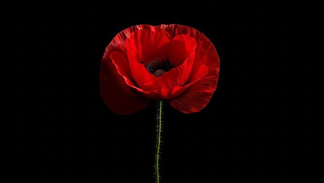A vibrant red poppy stands tall against a stark black background, showcasing delicate petals and a textured stem.