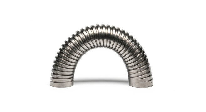 Metallic bent tube with ribbed texture isolated on a white background, casting a soft shadow