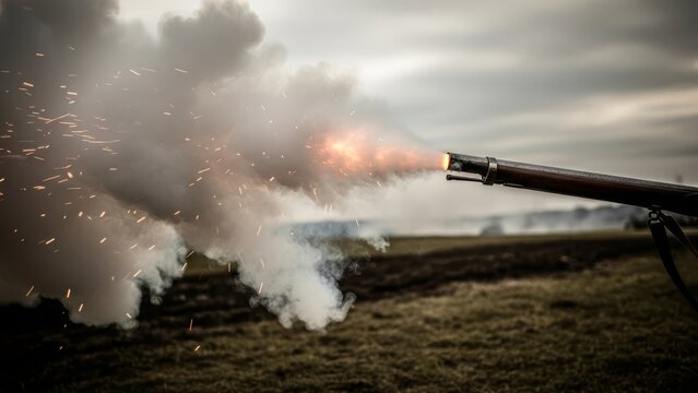 Historical reenactor fires musket, creating smoke and sparks in an open field at dusk.