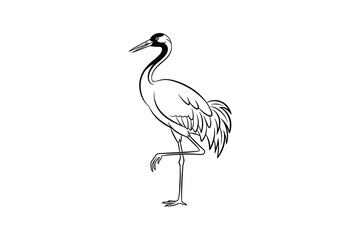 Obraz premium A detailed line drawing of a crane standing on one leg, showcasing its elegant neck and feathers in a simple yet striking black and white illustration style, perfect for nature and wildlife designs.