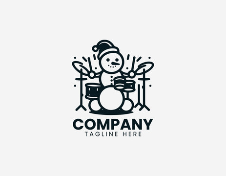 Snowman drummer playing drum set black vector logo illustration isolated on white background
