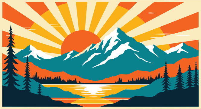Retro vintage mountain landscape with sunburst sky and lake