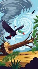 Fototapeta premium Tropical bird escapes dangerous swirling storm over uprooted forest