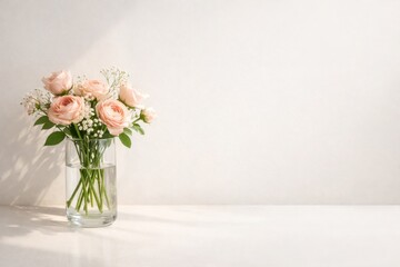 Fototapeta premium Minimal floral arrangement with soft pink roses in glass vase on white table with natural light and copy space