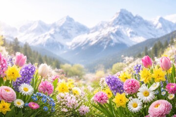Obraz premium Colorful spring flowers bloom under sunny skies with snowy mountains in the background celebrating equinox