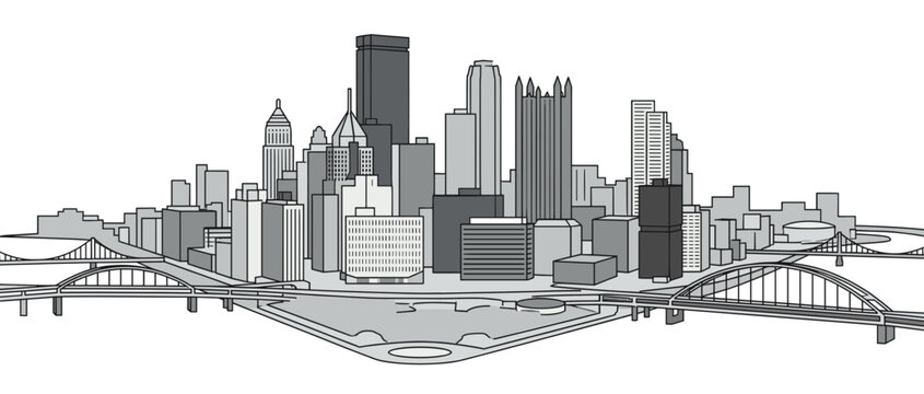 Pittsburgh Skyline Vector, Flat Illustration of Downtown with Yellow Bridges and Point State Park. Modern Cityscape featuring PPG Place and US Steel Tower. Isolated on White Background.