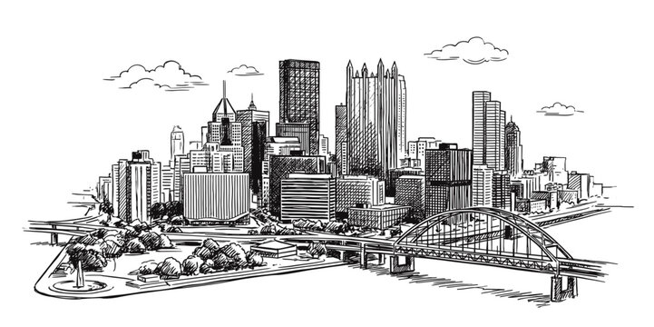 Pittsburgh Skyline Vector, Detailed Pen and Ink Sketch of Point State Park with Fountain and Fort Pitt Bridge. Black and White Urban Landscape Illustration with Skyscrapers on White